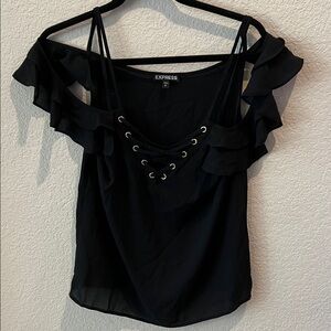 Express Black Lace-Up Ruffle Blouse